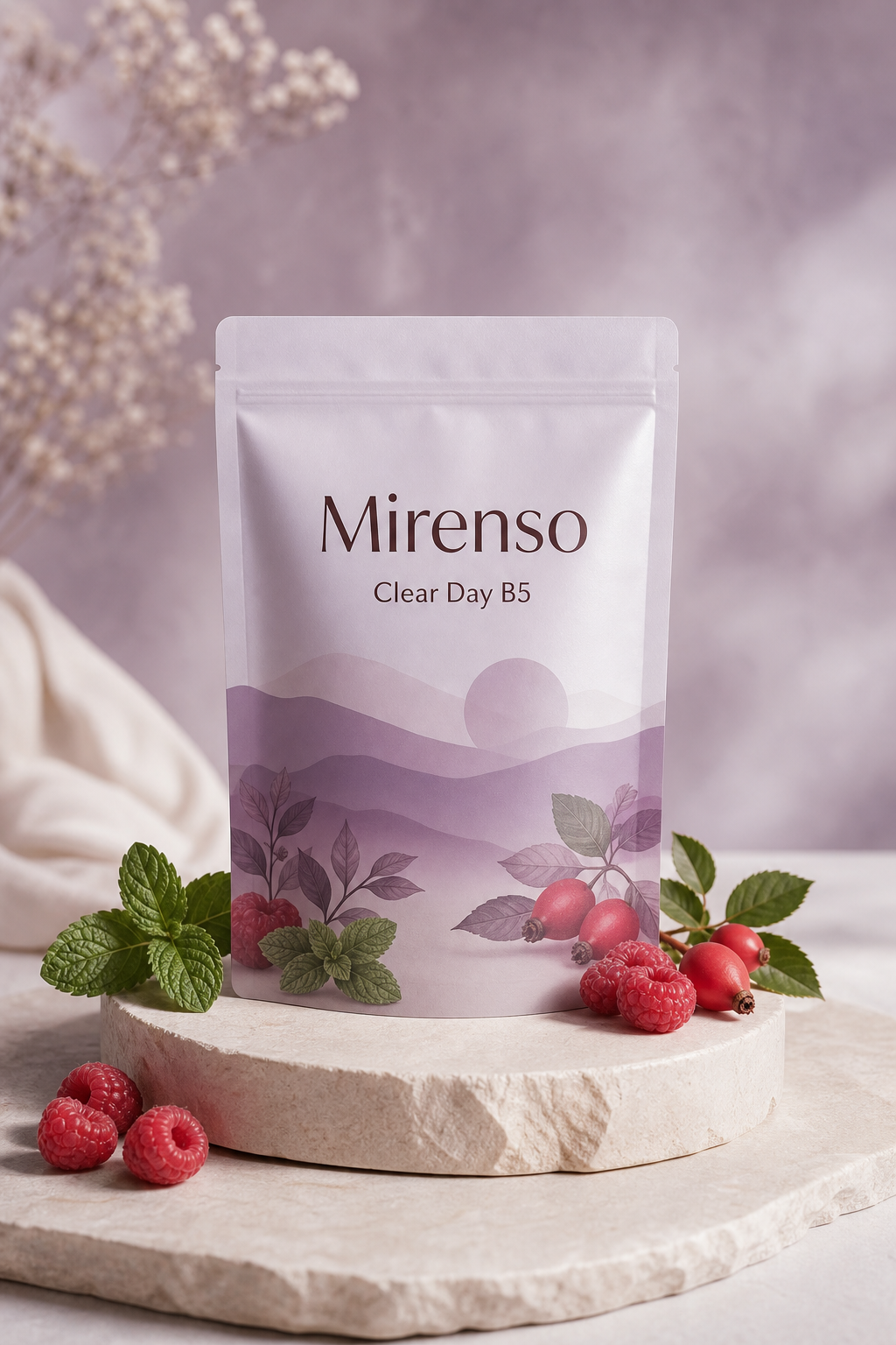 Clear Day B5 pack by Mirenso on a pale stone pedestal